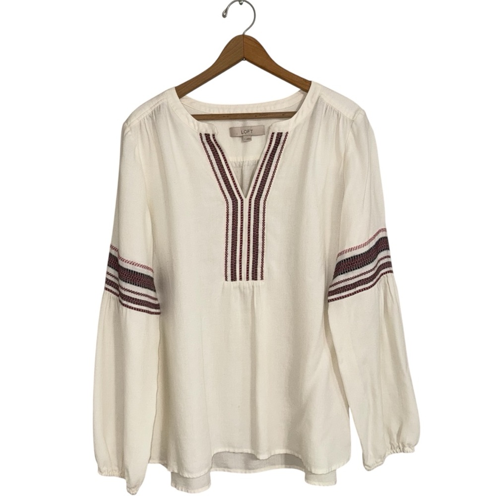 LOFT White Blouse with Black and Red Accents